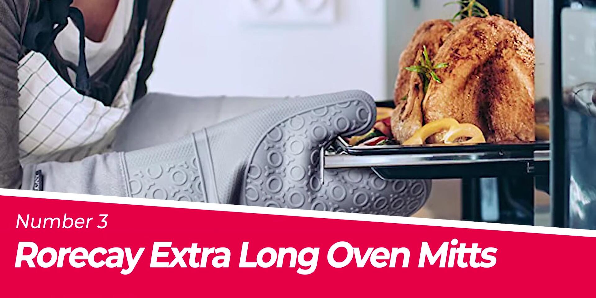 Showcase of the Rorkey extra long oven mitts.