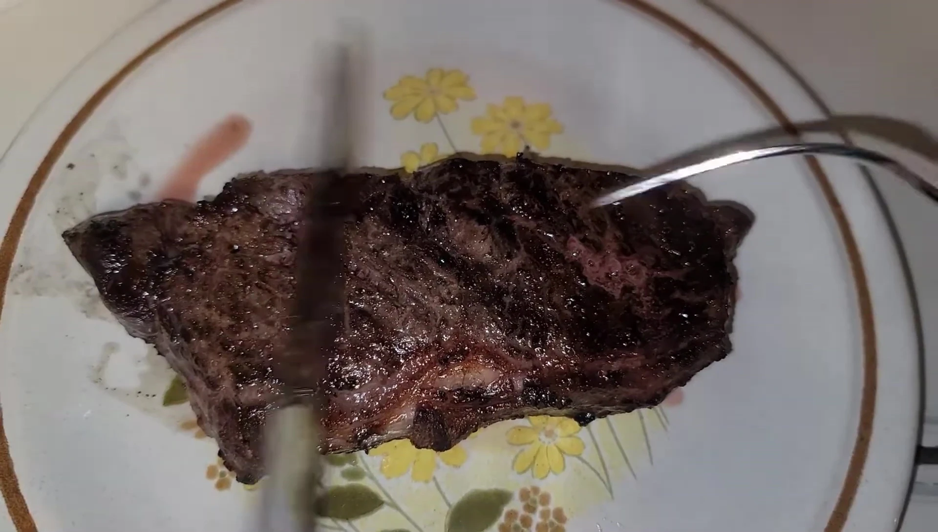 The cut open steak showing the inside.
