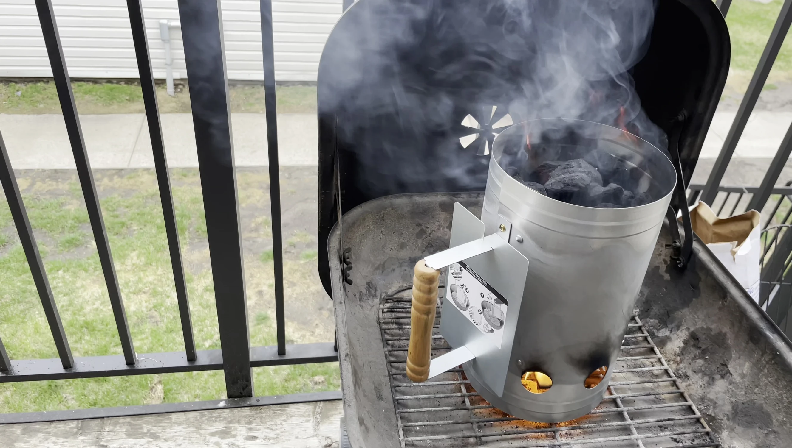 The intensely hot coals in the chimney after approximately 10 minutes.