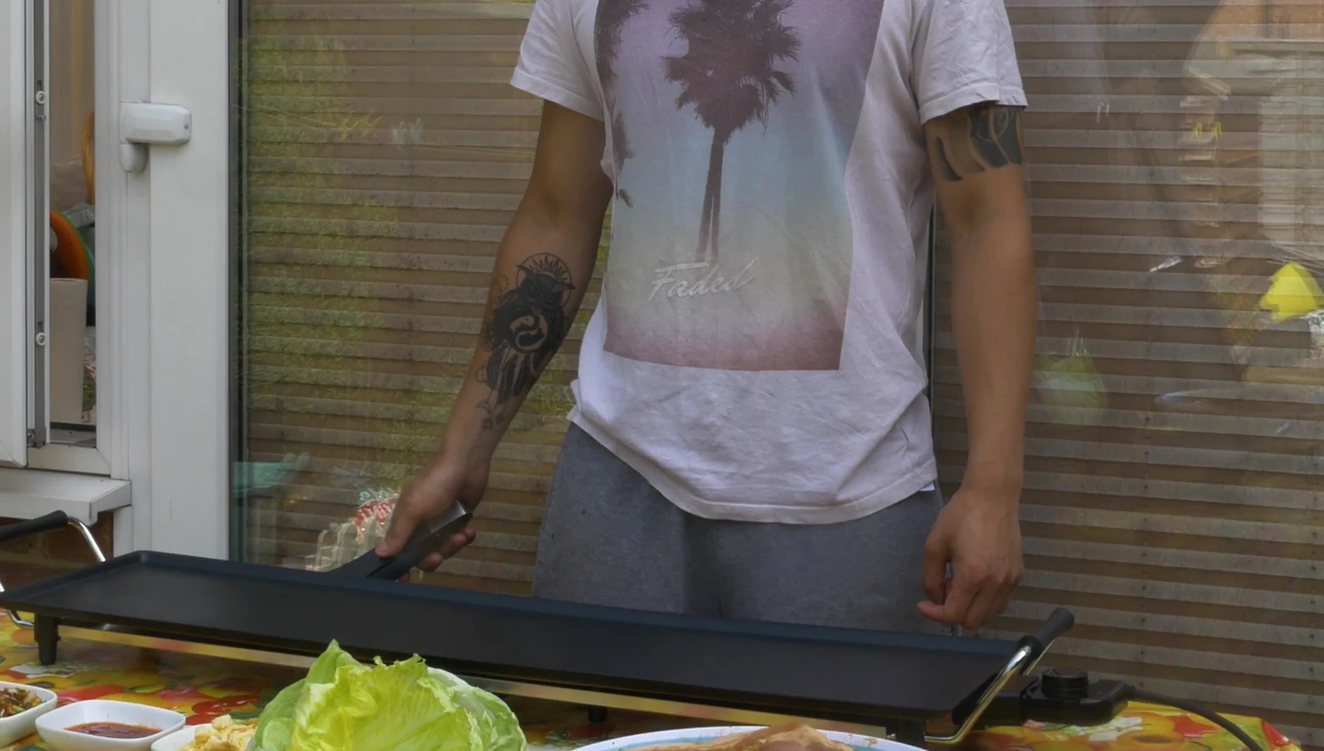 The grill with food on the grates