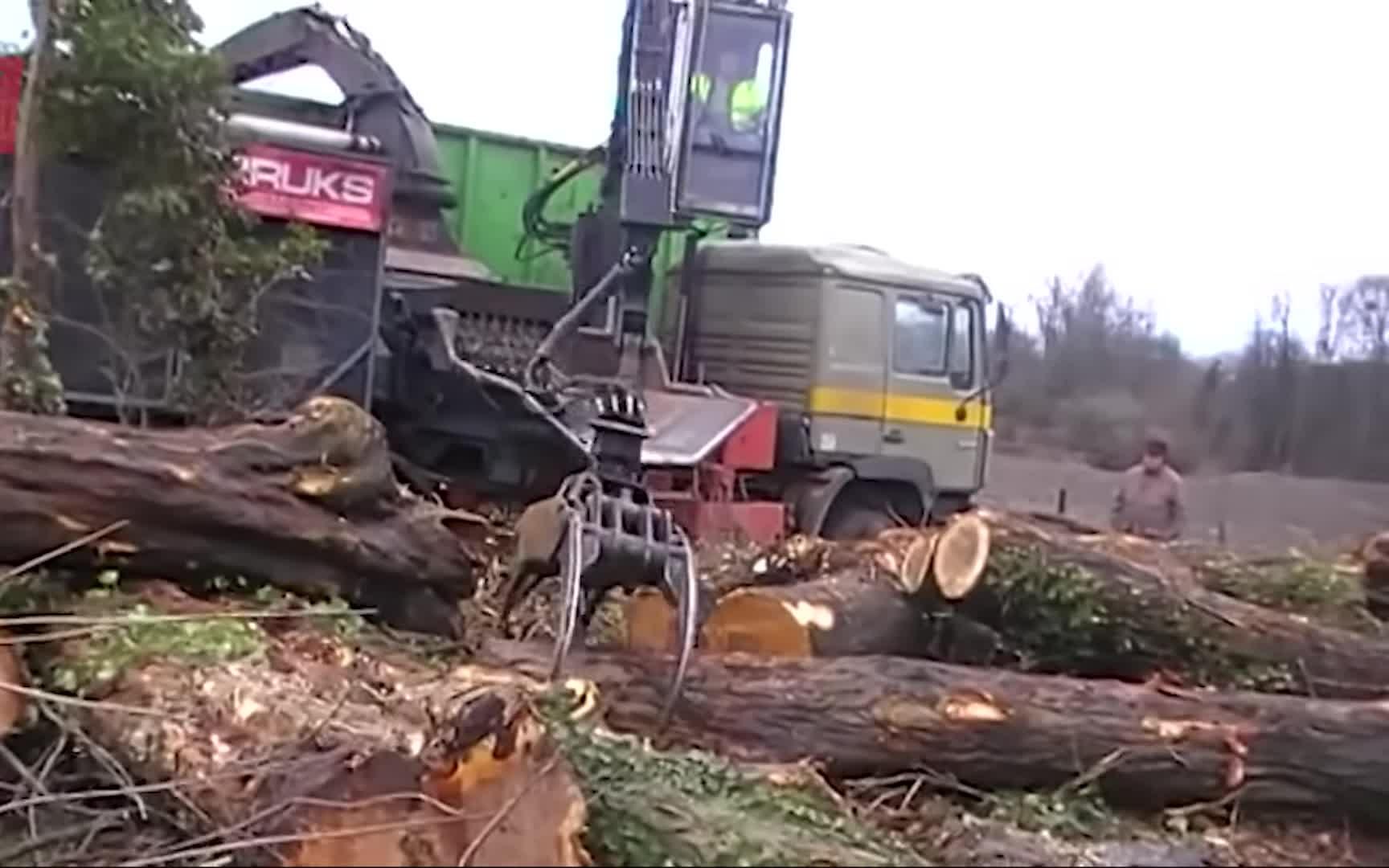 Close-up of excavator wood grinding attachment in action.