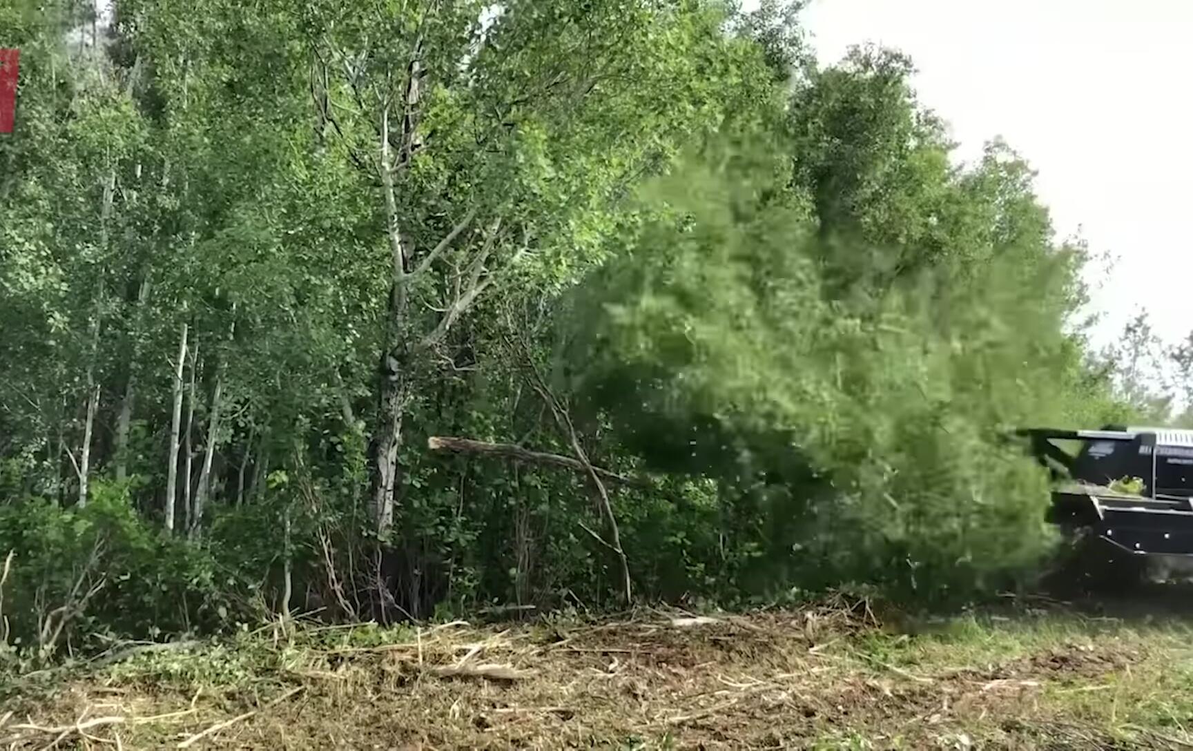 Skid steer navigating uneven terrain with the brush cutter.