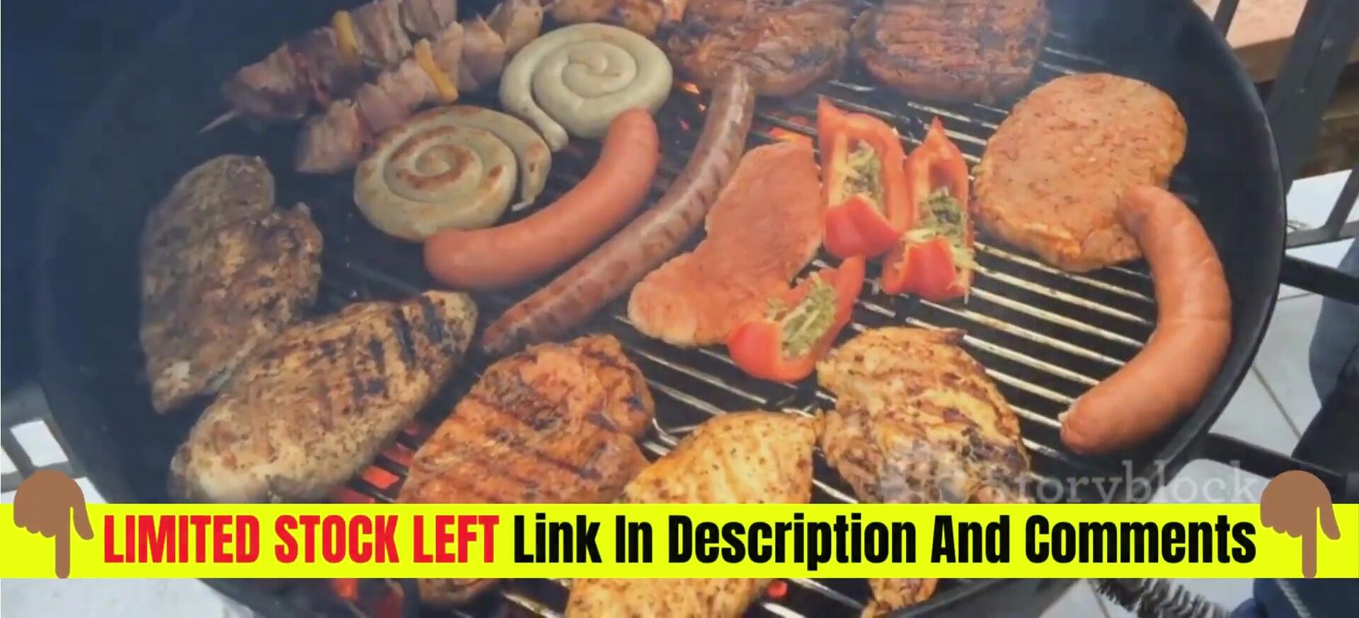 Variety of food being cooked on the grill (burgers, veggies, etc.).