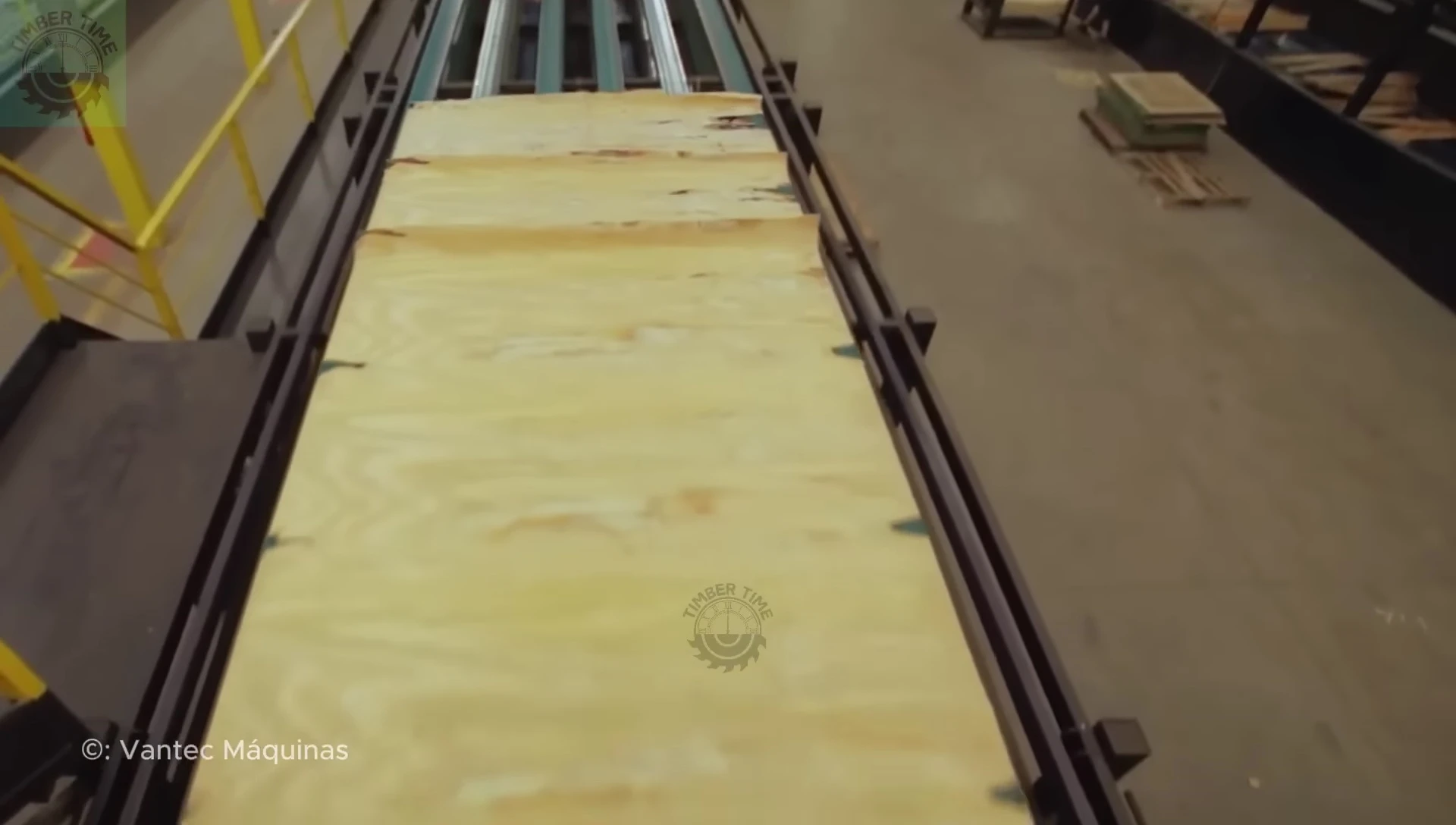 Close-up of the pressing process within the plywood line.