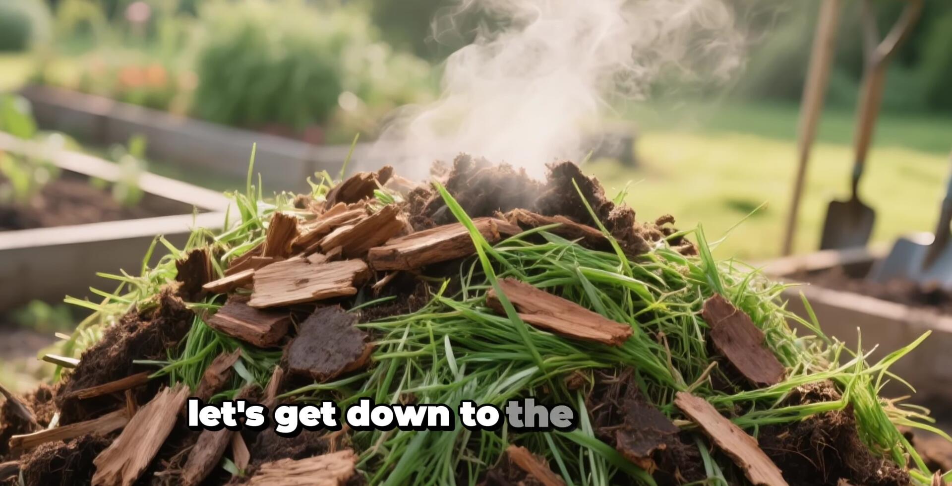 Various materials suitable for composting, including wood chips, grass clippings, and coffee grounds.