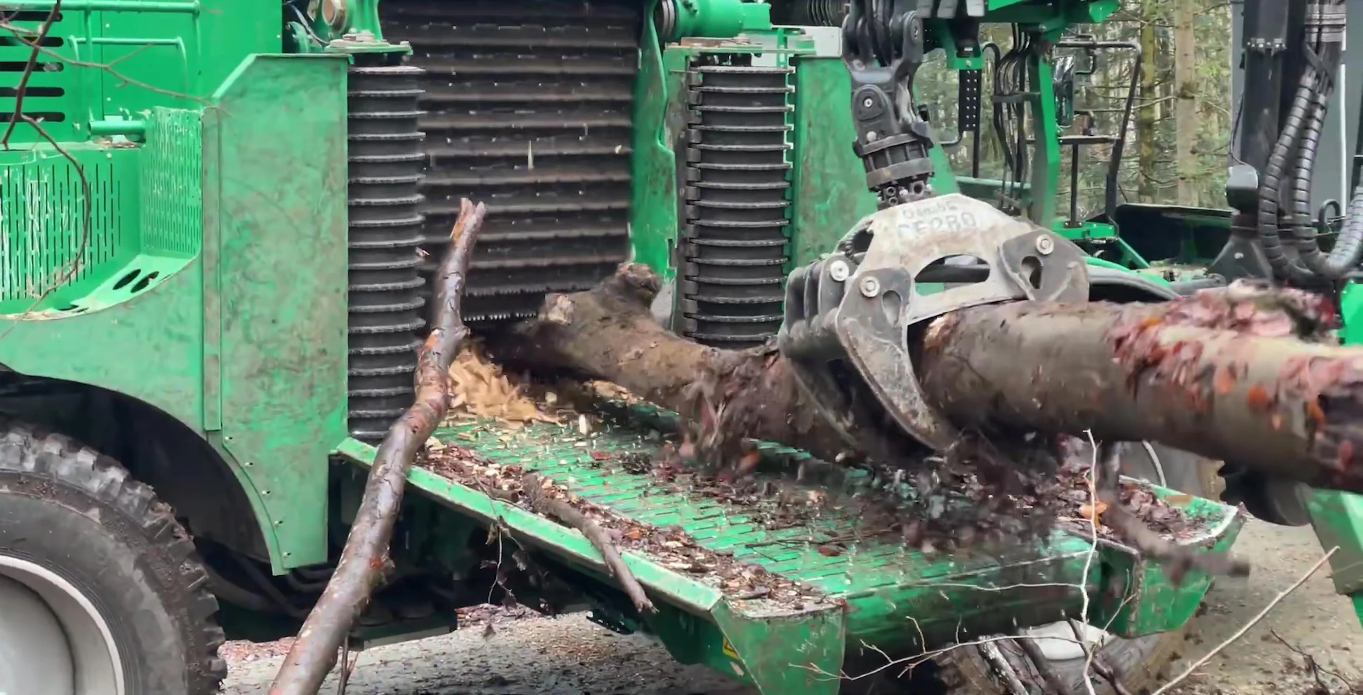 Close-up of wood chips being ejected from the Greenwood chipper