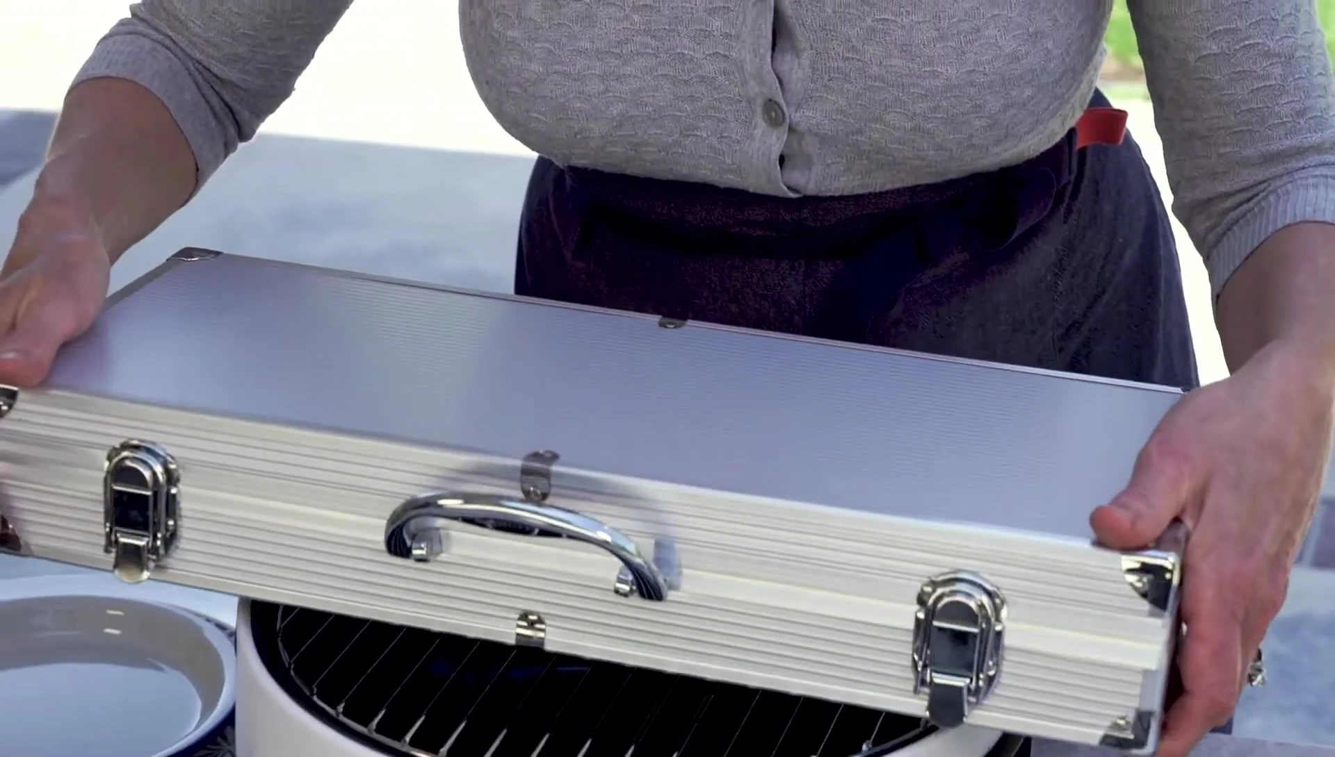 The BergHOFF barbecue tool set in its aluminum case.