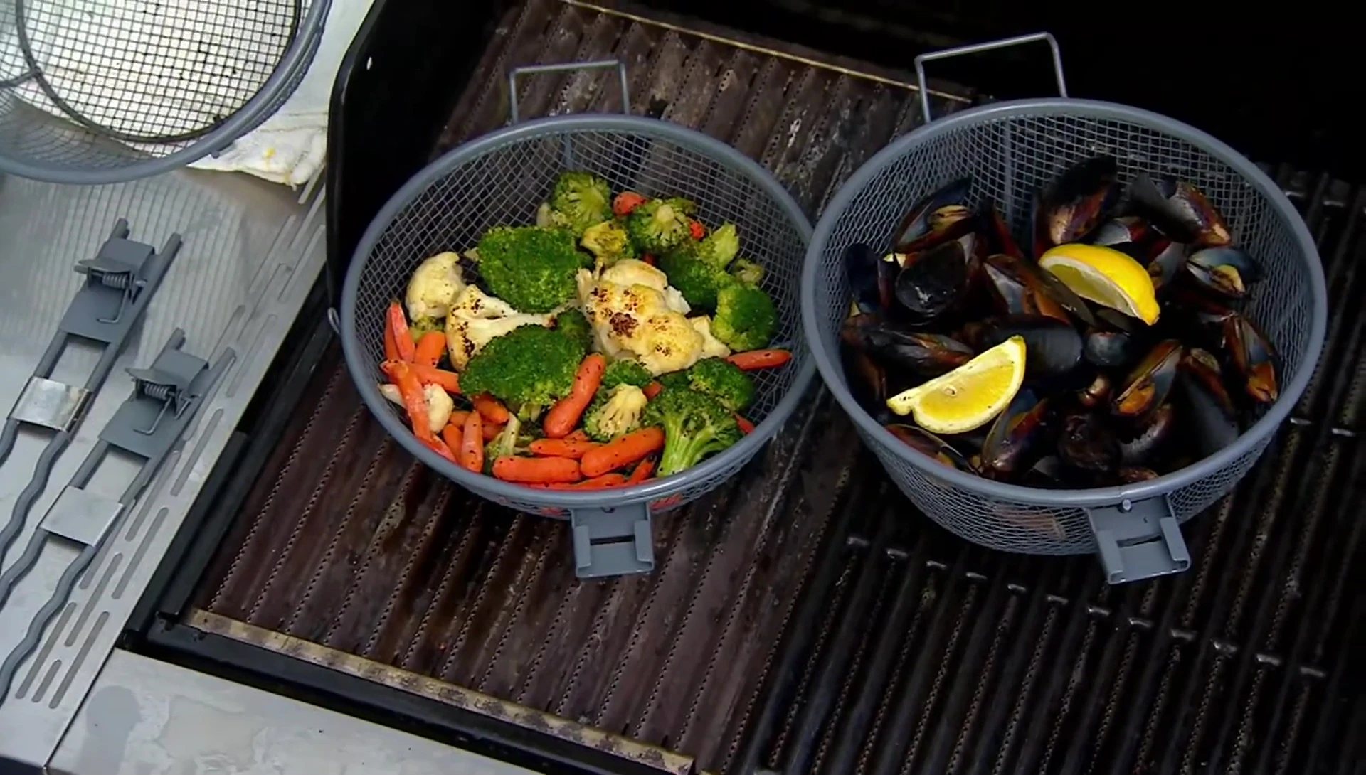 Various dishes prepared using the grill basket.