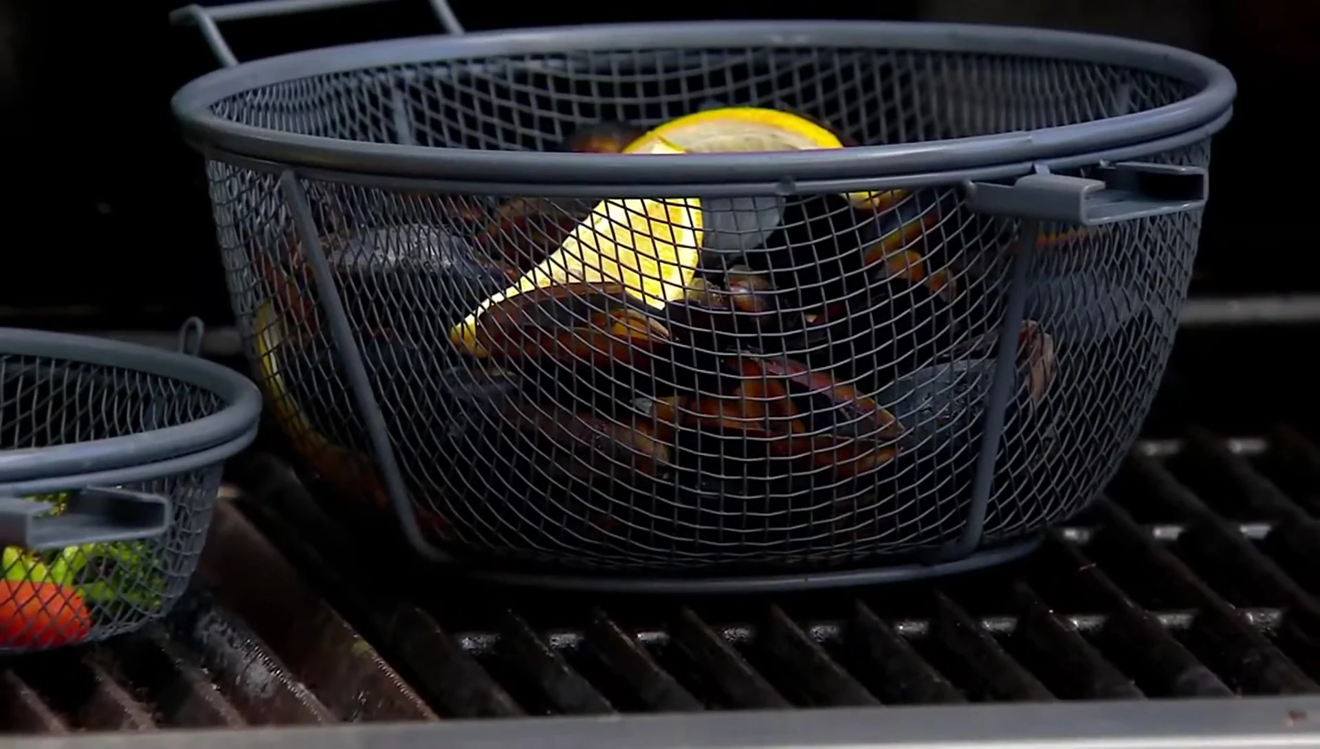 Stir-fried broccoli in the grill basket.