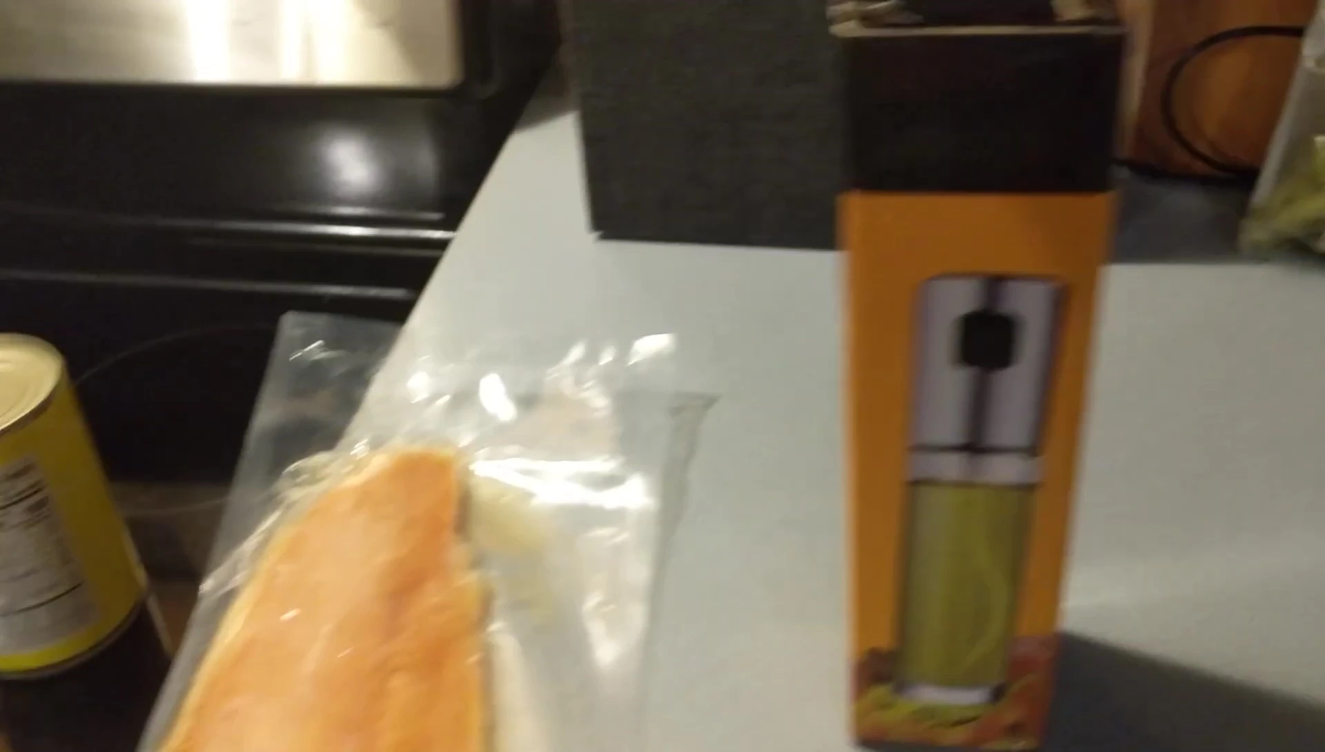 Close-up of the olive oil mister sprayer packaging.