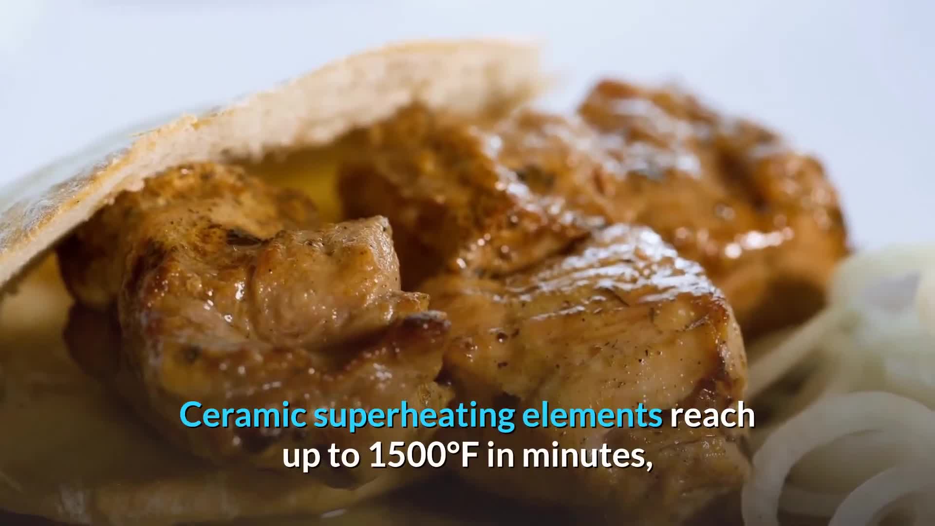 Close-up of the Kalorik Pro 1500 grill heating up, showcasing its speed.