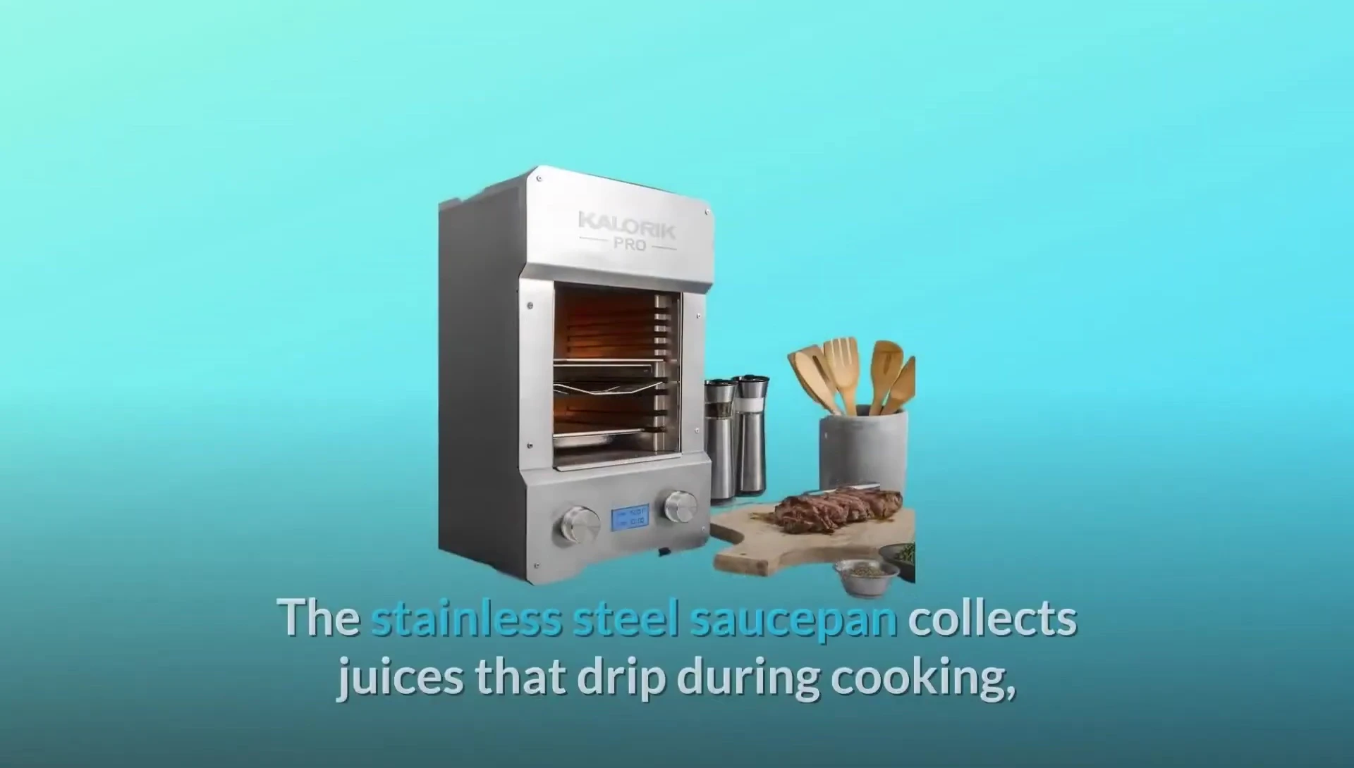 Close-up of the stainless steel drip tray collecting juices.