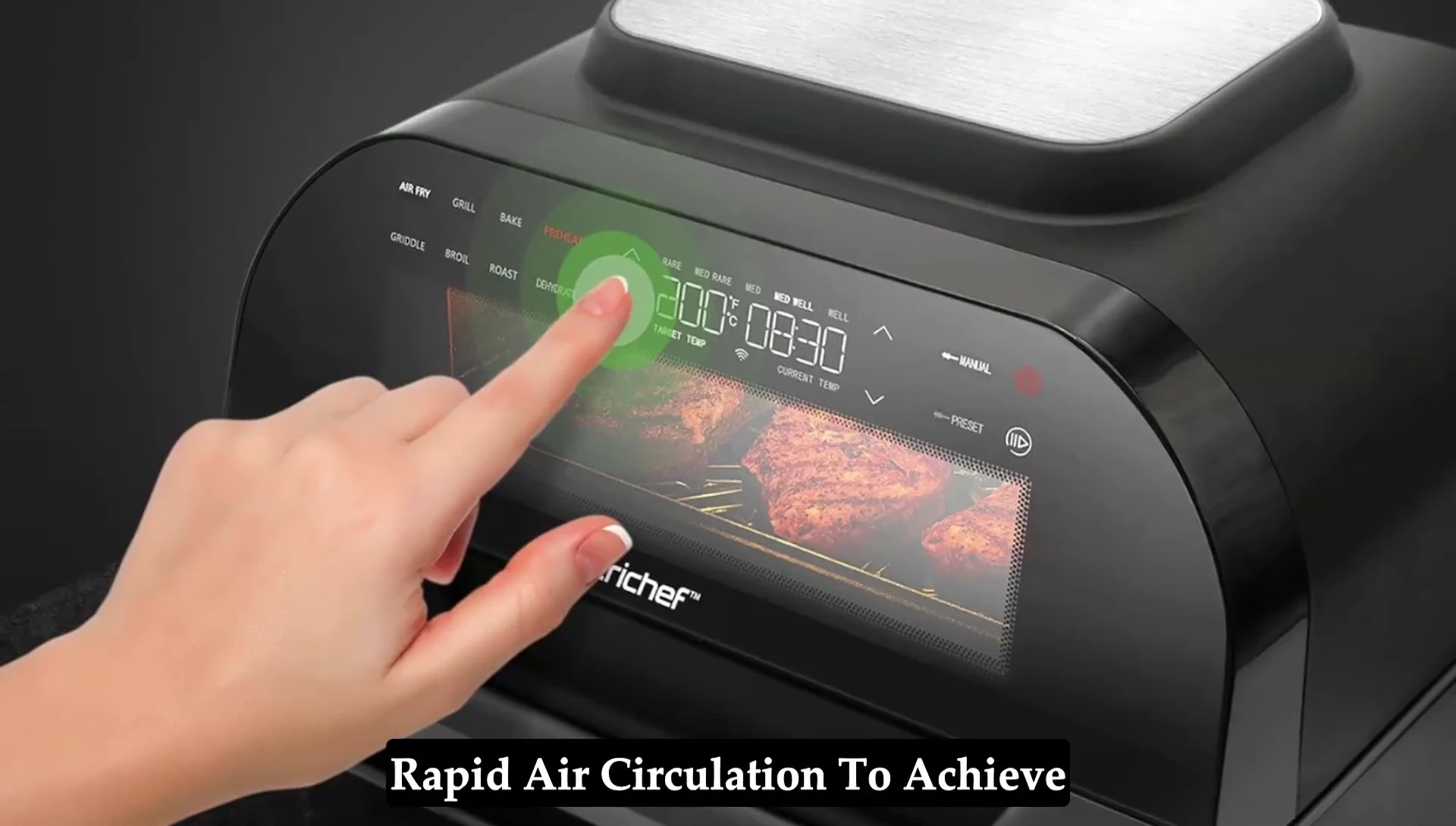 Image showcasing the air frying function in action, with crispy food