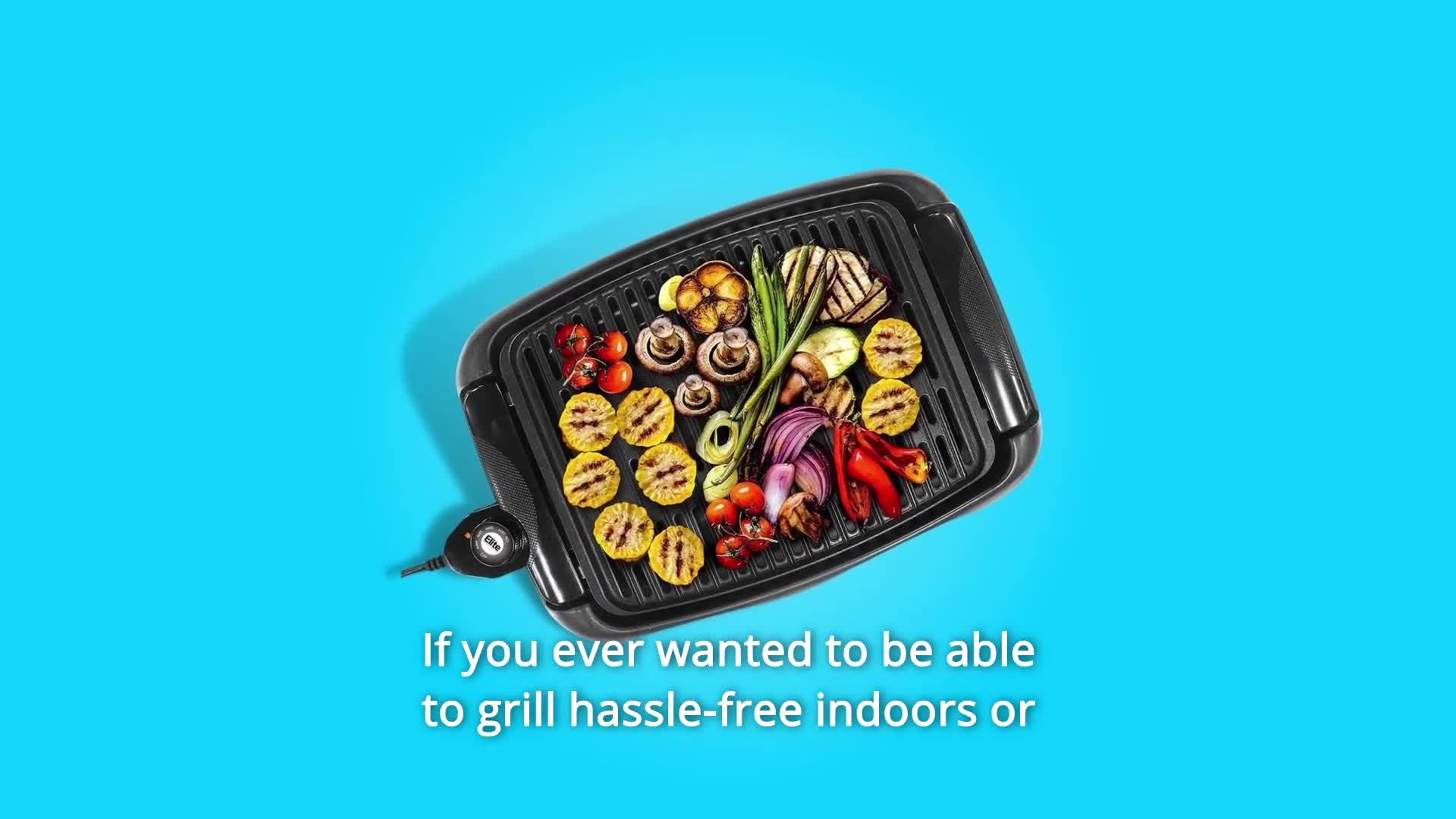 The Elite Gourmet Indoor Electric Grill showcased on a countertop.