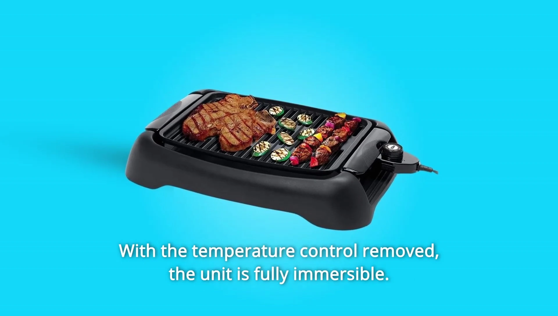 Highlighting the fully immersible aspect of the grill (with the control removed).