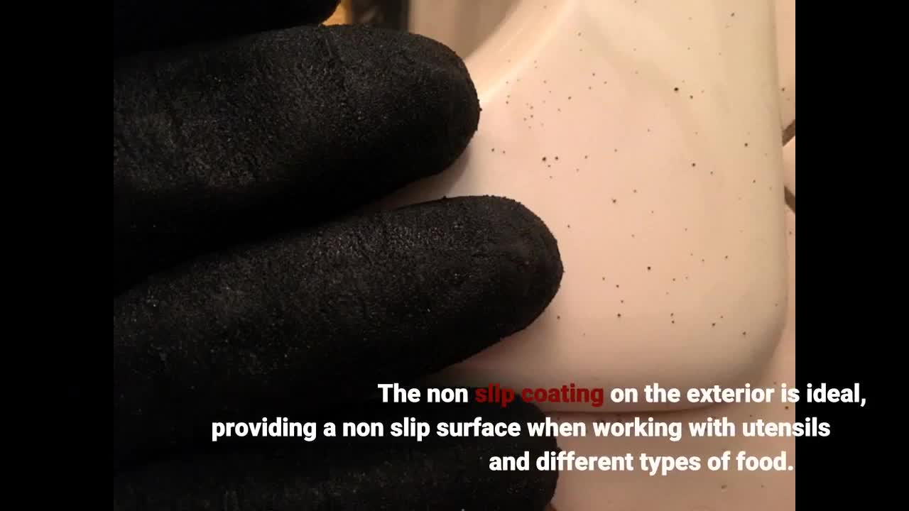 Demonstrating the non-slip grip on a utensil.