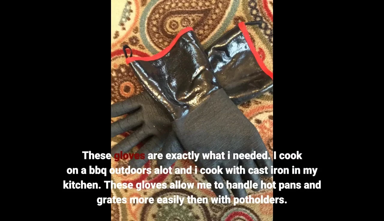 Using the gloves to handle a hot cast-iron pan.