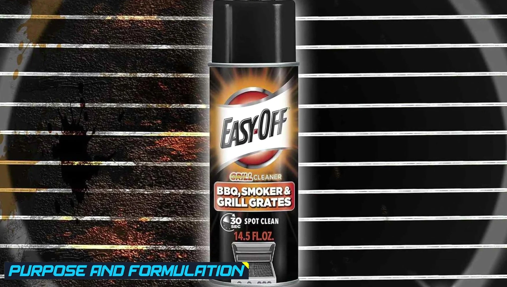 Close-up shot of Easy Off Grill Cleaner bottle and its description highlighting grease-cutting formula