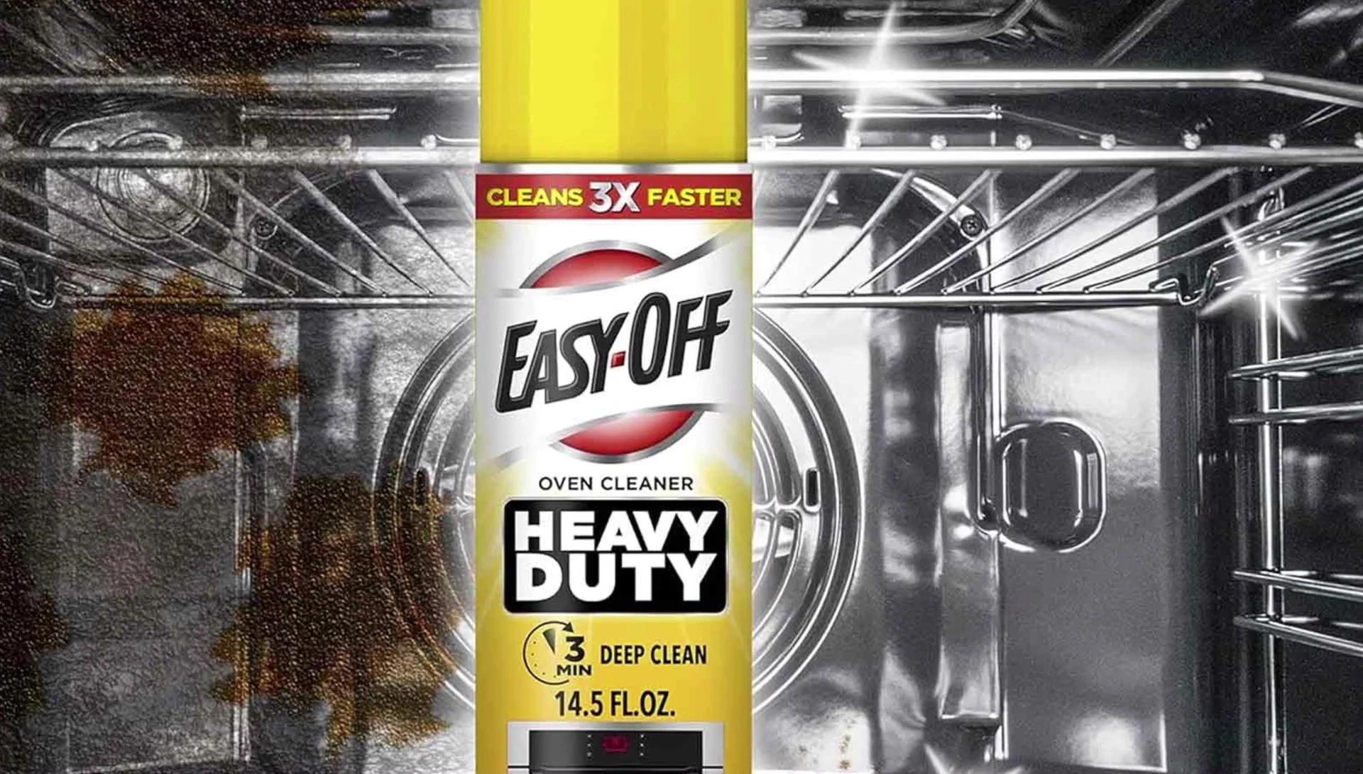 Close-up shot of Oven Cleaner bottle, highlighting its formula and use instructions.