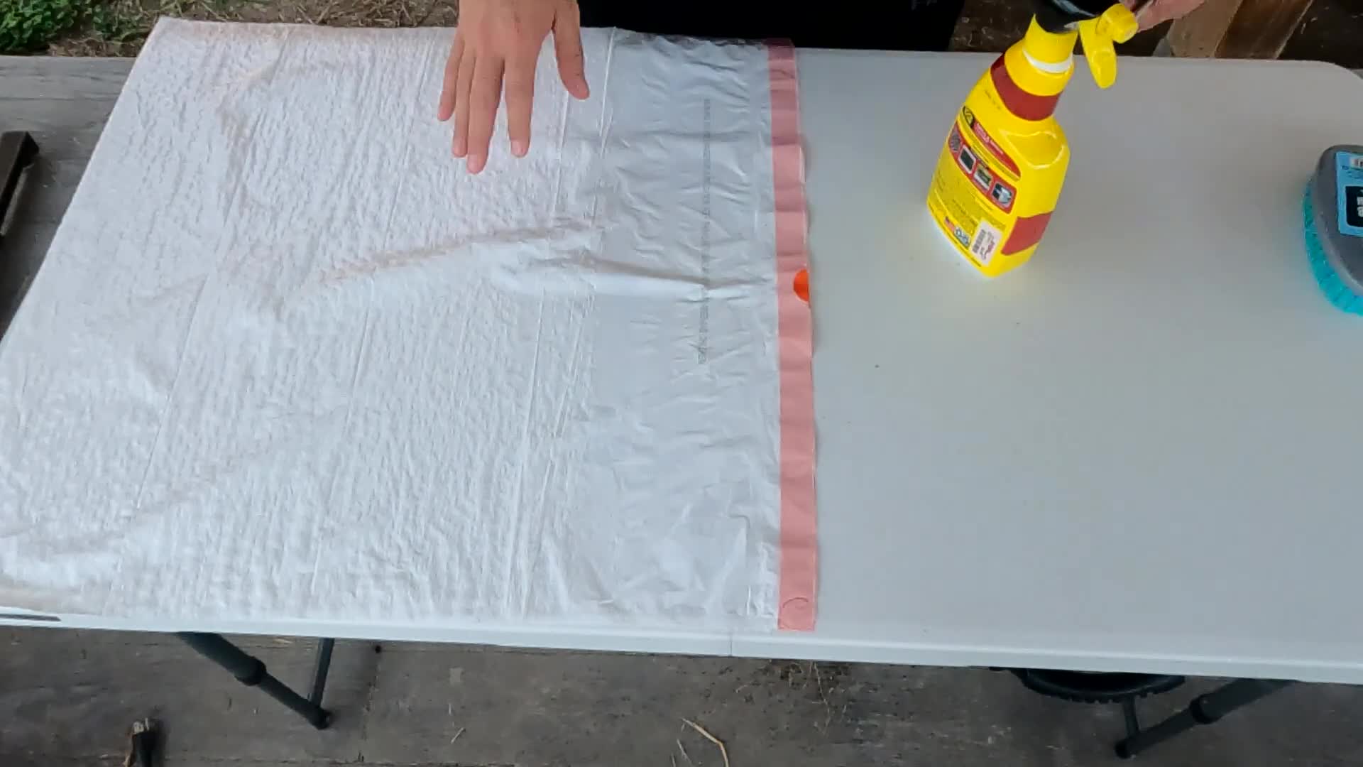 Close-up shot of the cleaning supplies laid out on a table