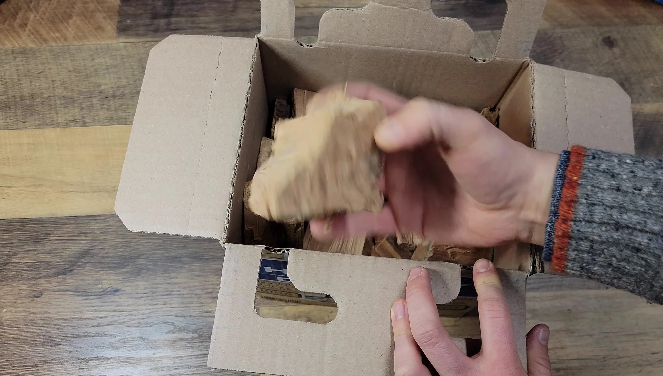 A chunk of hickory wood being examined.