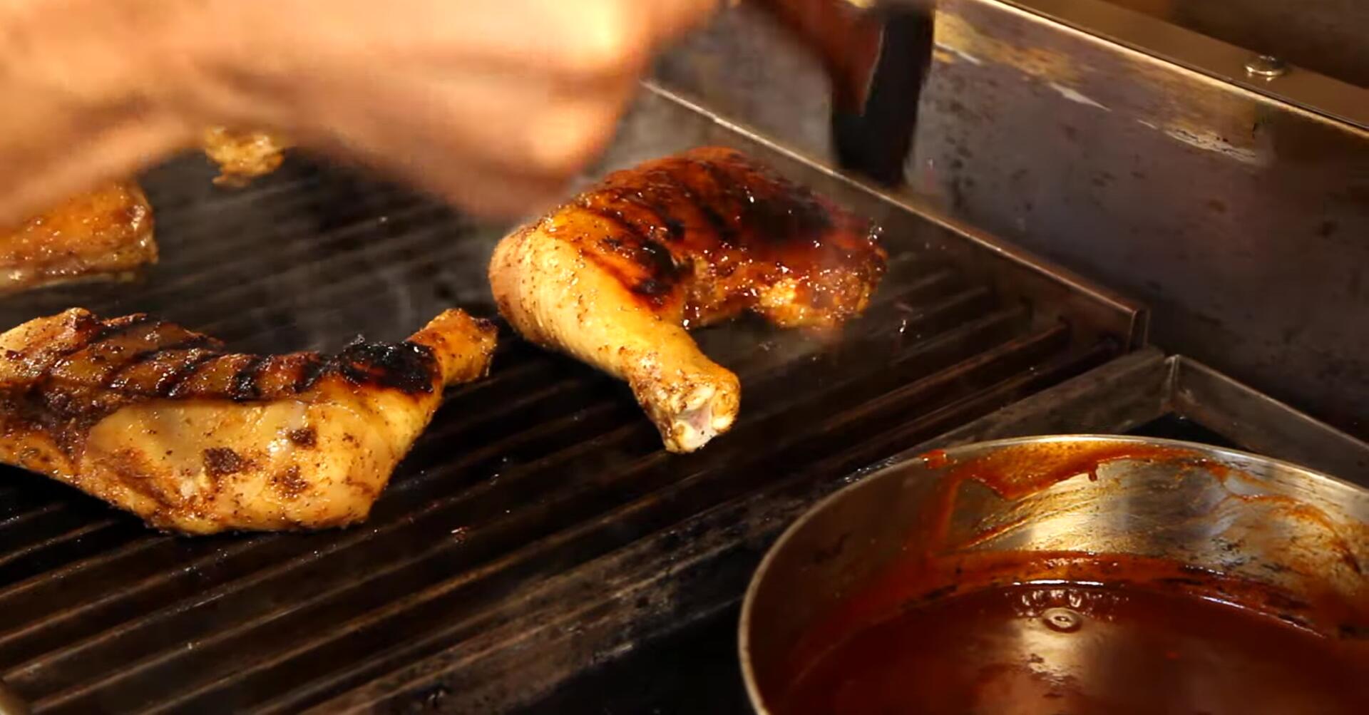 Example of simmering BBQ sauce on one side while grilling on the other.