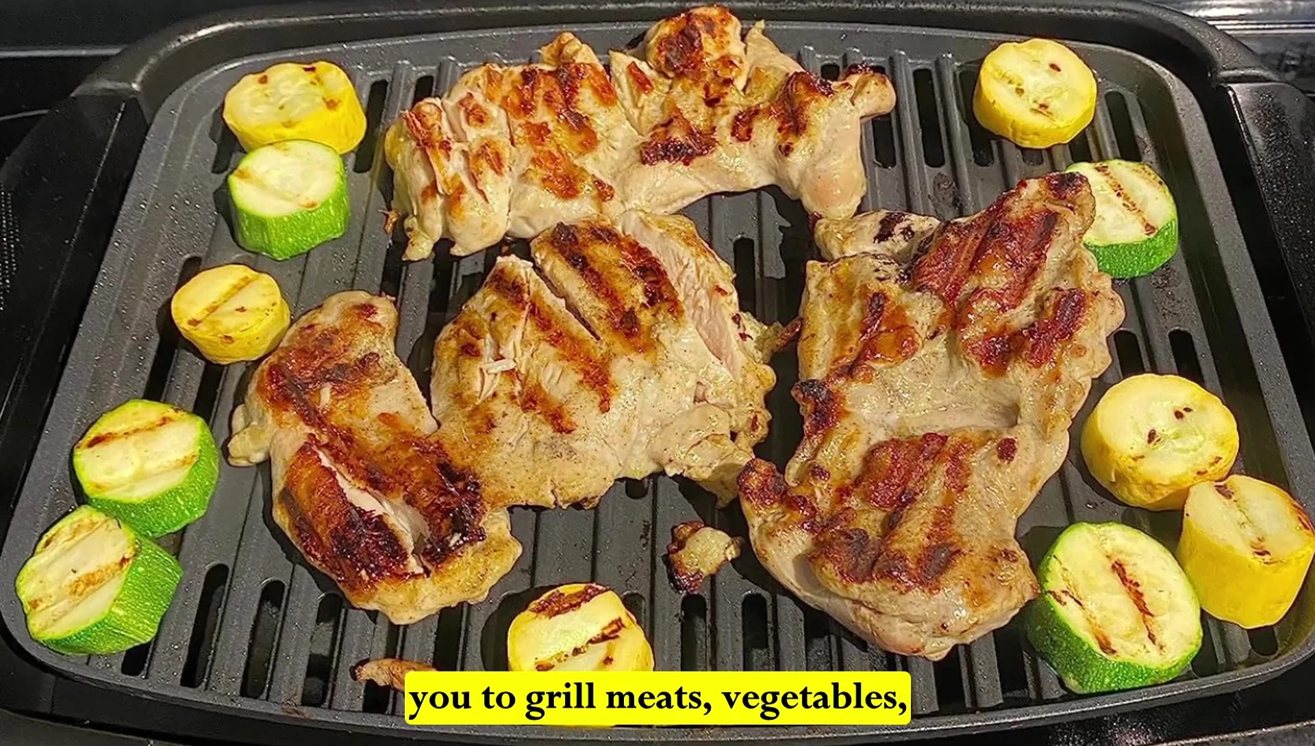 Image of various foods being grilled on the appliance.