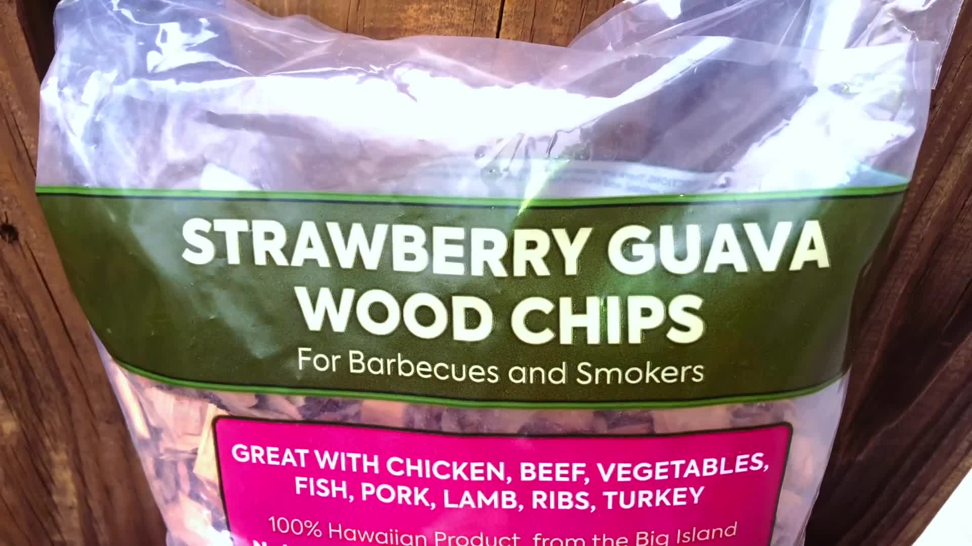 Close-up of the Strawberry Guava wood chips packaging.